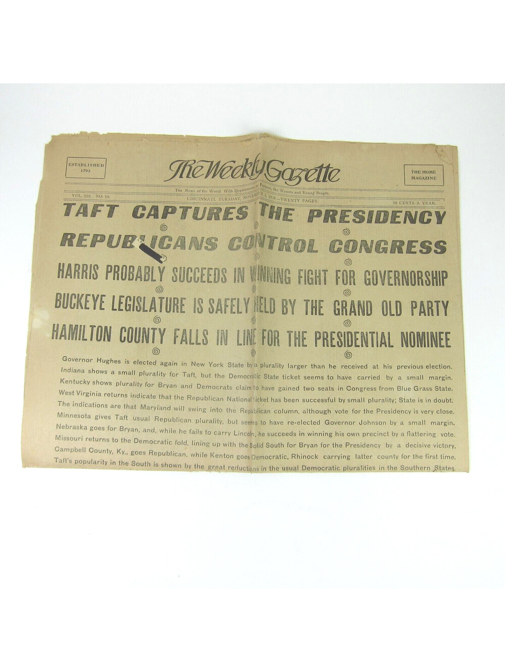 WILLIAM HOWARD TAFT & James Sherman Presidential Election 1908 Newspaper Antique